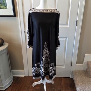 Forever 21 Black Boho Shirt Dress Womens XL Floral 3/4 Sleeve Boat Neck
